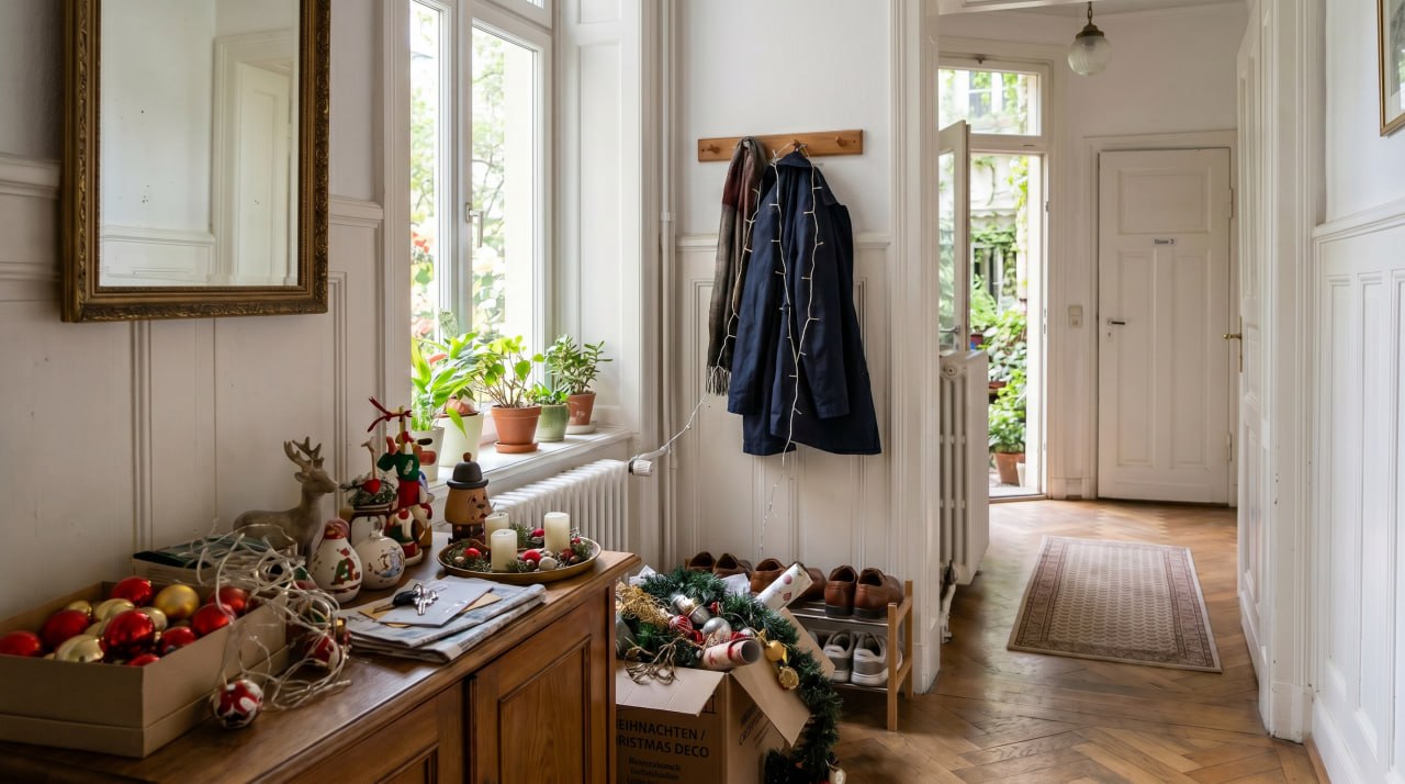 Weihnachtsdeko-Kisten und Lichterketten stapeln sich im Flur